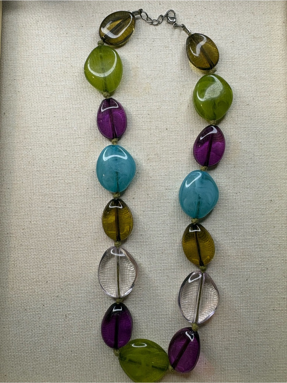 Vibrant Multi-Color Glass Bead Necklace in Green, Purple & Blue